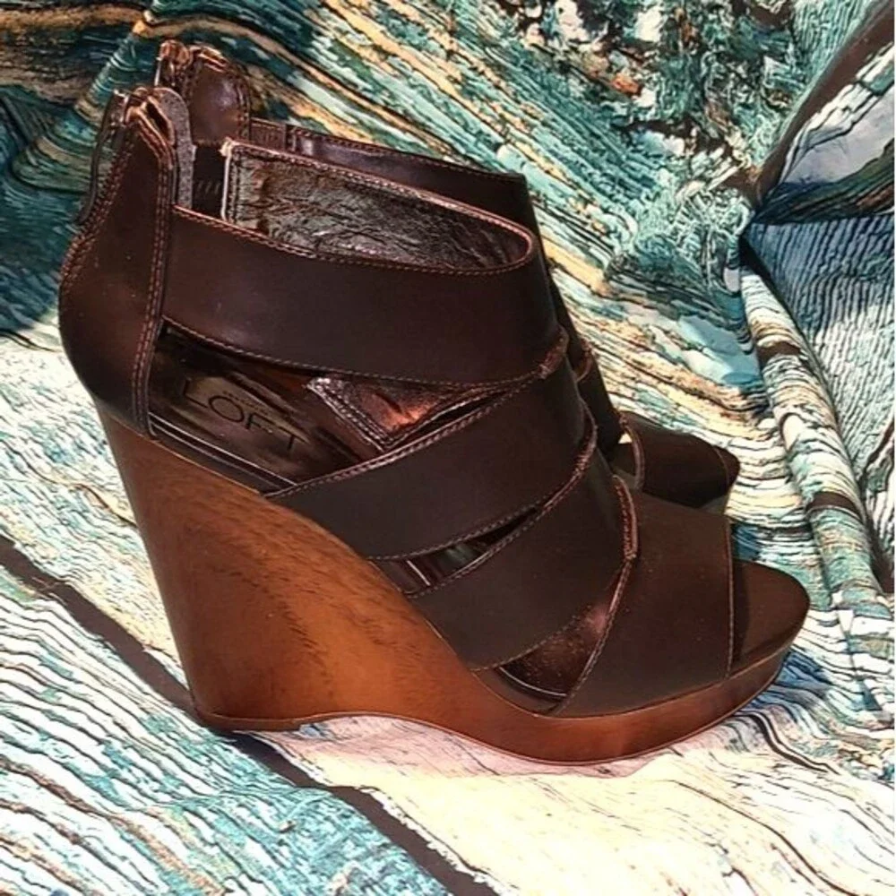 Y2K Boho Clubkid Retro Glam Platform Wedge Heels Brown Strappy Sandals‎ Loft 7.5